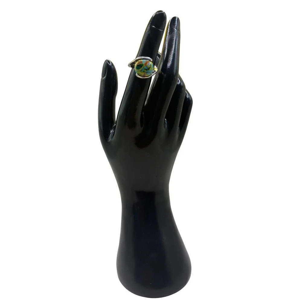 Vintage Hand Painted Glass Bead Bypass Ring Silver Tone Abstract Teal Yellow
